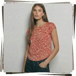 Vintage 2010 Delicate Red & Cream Subtle Puff Sleeve Silk Blouse (S)